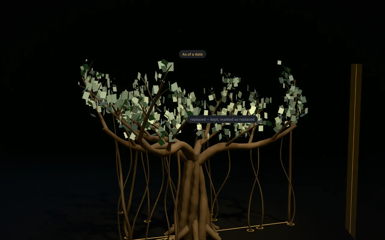 A thin slit of light sweeping through the canopy; some tablets dimmed and kept, labelled replaced.