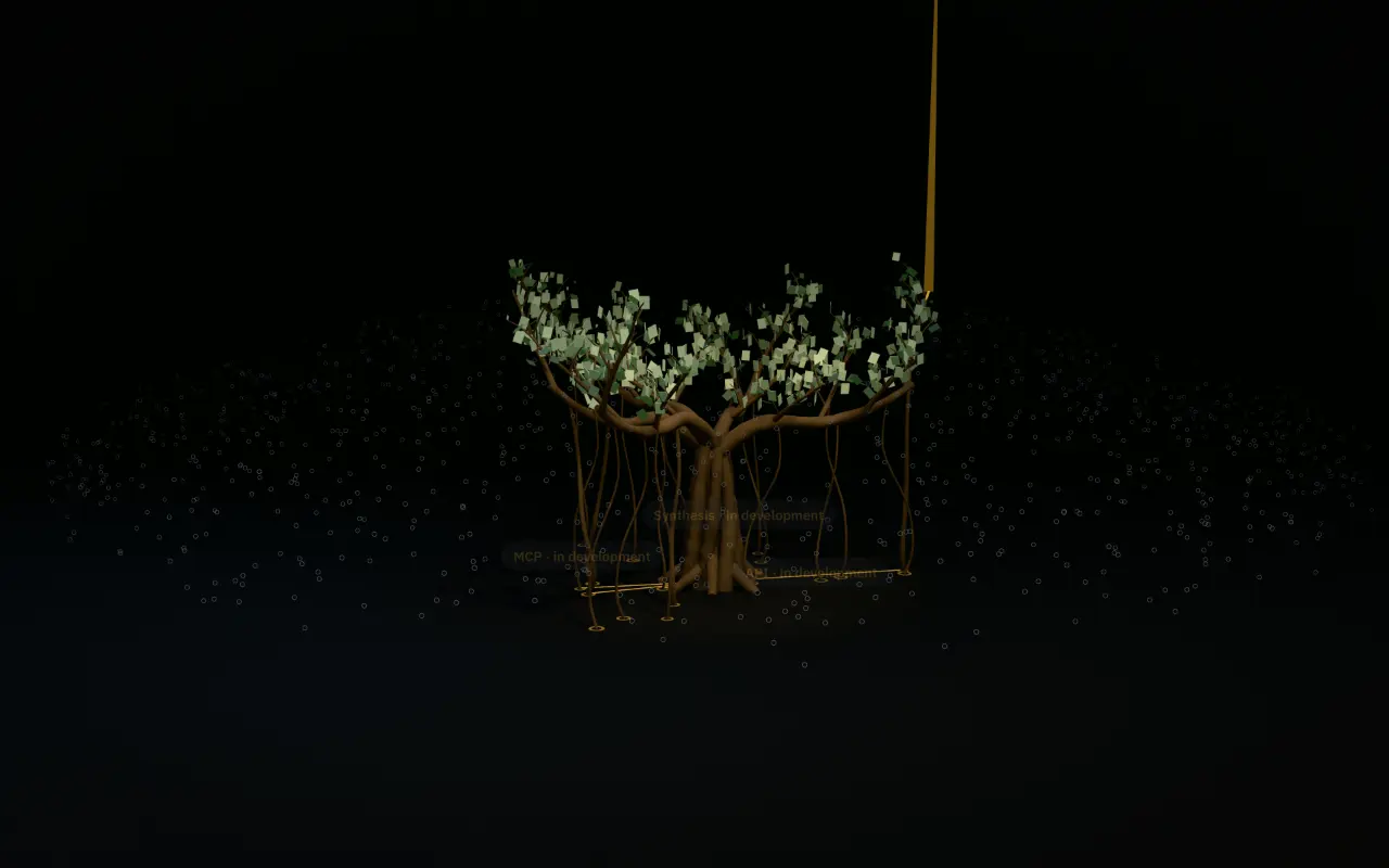 A beam of light on one tablet and a lit path from it back down the limb and trunk; three lines leading out, labelled API, MCP and Synthesis, in development.