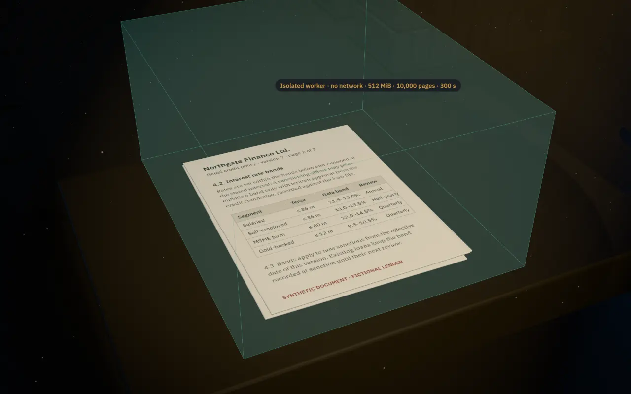 A glass box with lit edges closing round the document on the desk.