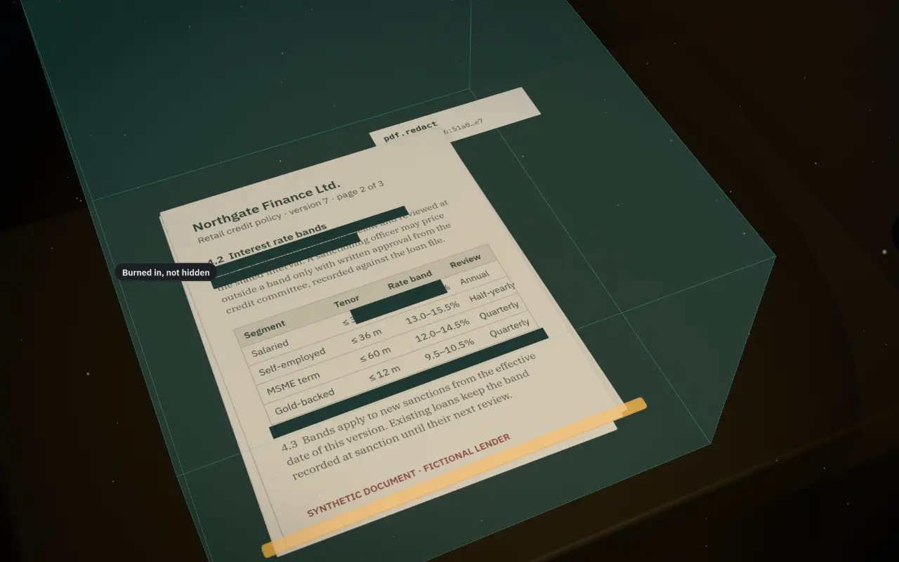 Dashed brass outlines marked on lines of the page, then burned to solid black bars.