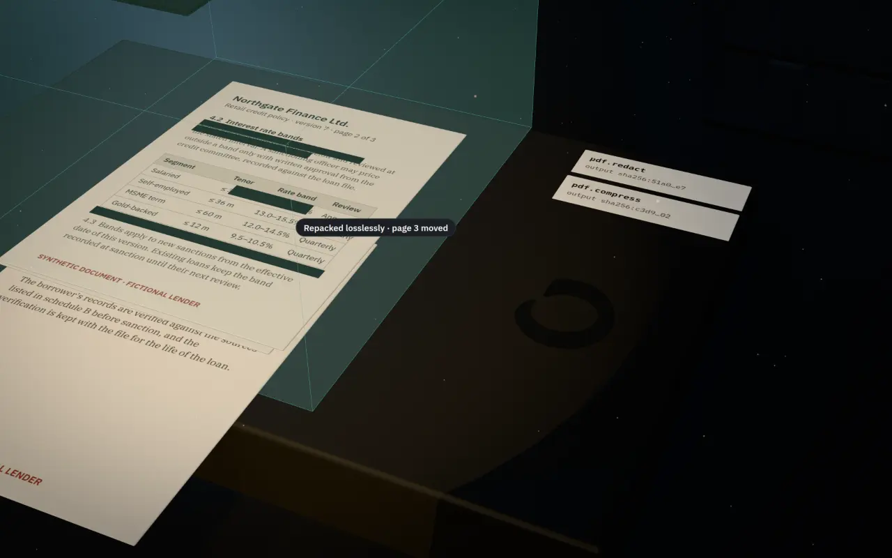 The three sheets pressed together, one page sliding out and back on top, receipt slips printing beside the desk.